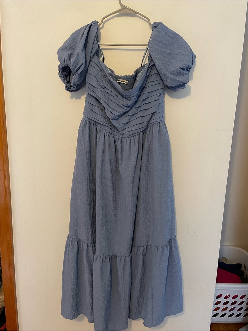 Abercrombie & Fitch Dusty Blue Puff-Sleeve Midi Dress
